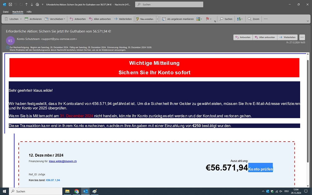 Mail zu Aufforderung von EUR 250